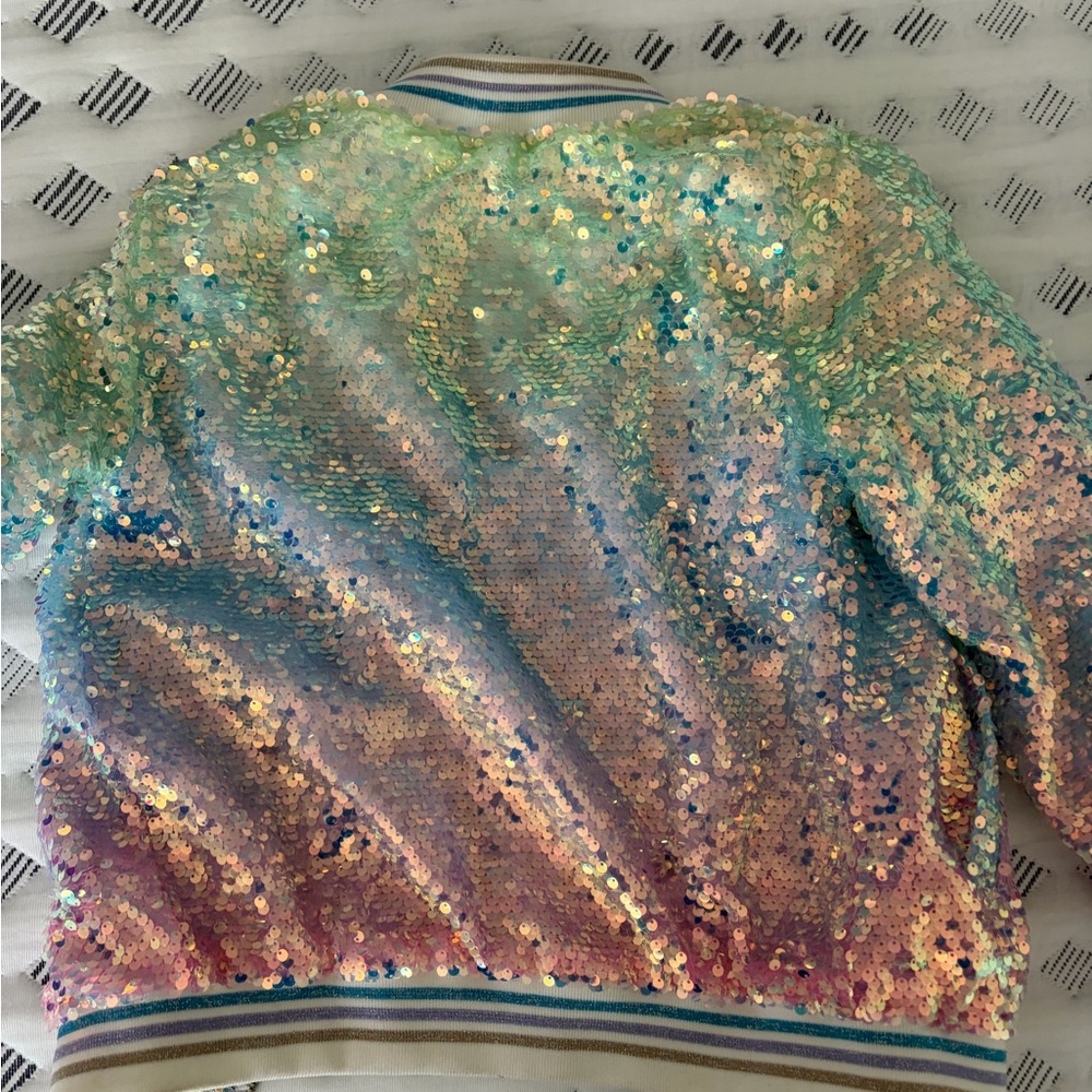 Lola + The Boys Iridescent Sequin Pastel Bomber Jacket - Pink, Blue, Green - Picture 4 of 4